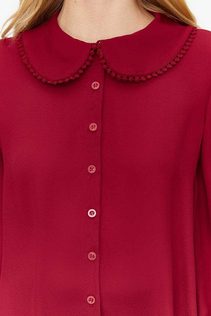 Damenmode Neues Hemd Lila Kragen Detailliertes Rüschen Webhemd