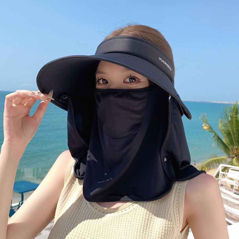 

8547 Summer outdoor sunscreen visor removable shawl mask empty top hat big brim ponytail hat women