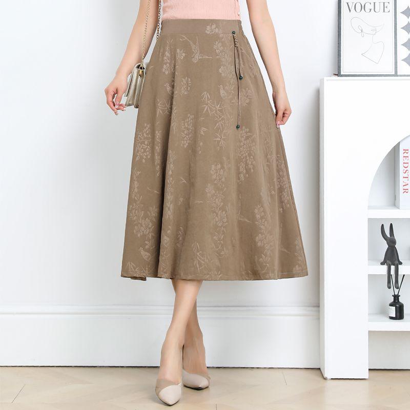 

Women s Chinese Style Jacquard High Waist A-Line Midi Skirt With Pockets XL хаки