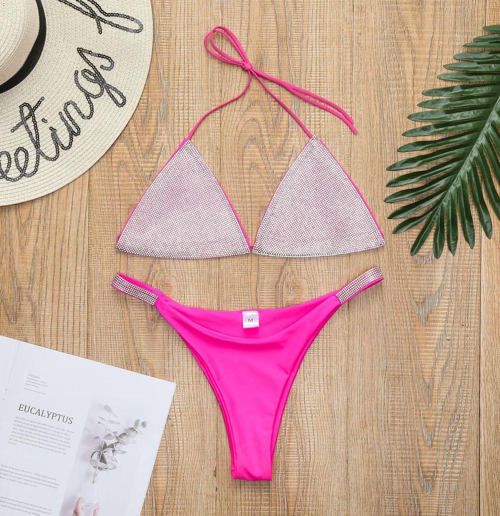 Solid Color Diamond Triangle Bikini Rhinestone Split Swimsuit Fashionable Beach Swimwear