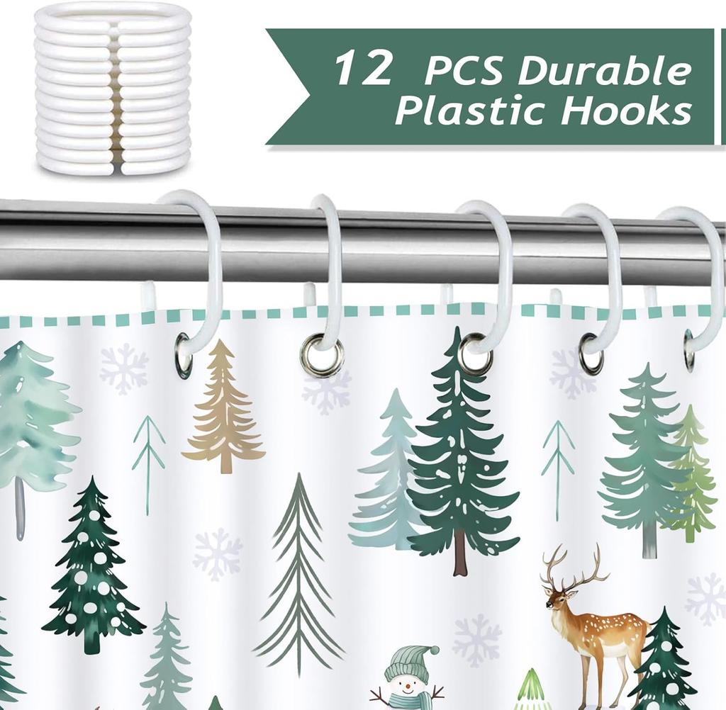 Christmas Shower Curtain, Pine Tree Reindeer Snowflake Winter Holiday Bathroom Decor Polyester Fabric Waterproof Bath