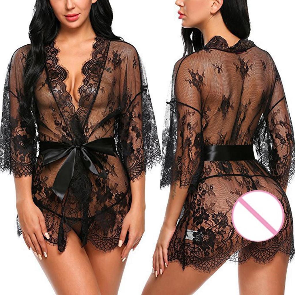 Mode Vrouwen Sexy Kamerjas Babydoll Kanten Lingerie Riem + G-string Badjas