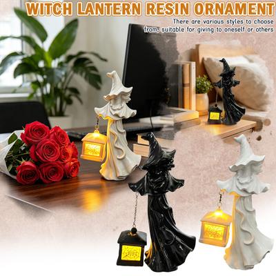 Ceramic Witch Figurine Holding Lantern with Candle Light Halloween Outdoor Tabletop Decoration for Seasonal Display