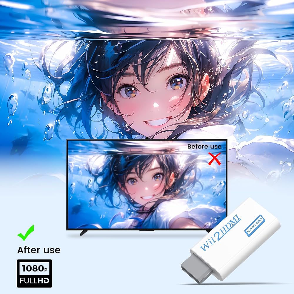 Wii to HDMI Converter Adapter with 1.5M HDMI Cable, 1080P Full HD Compatible, 3.5mm Audio Output ...