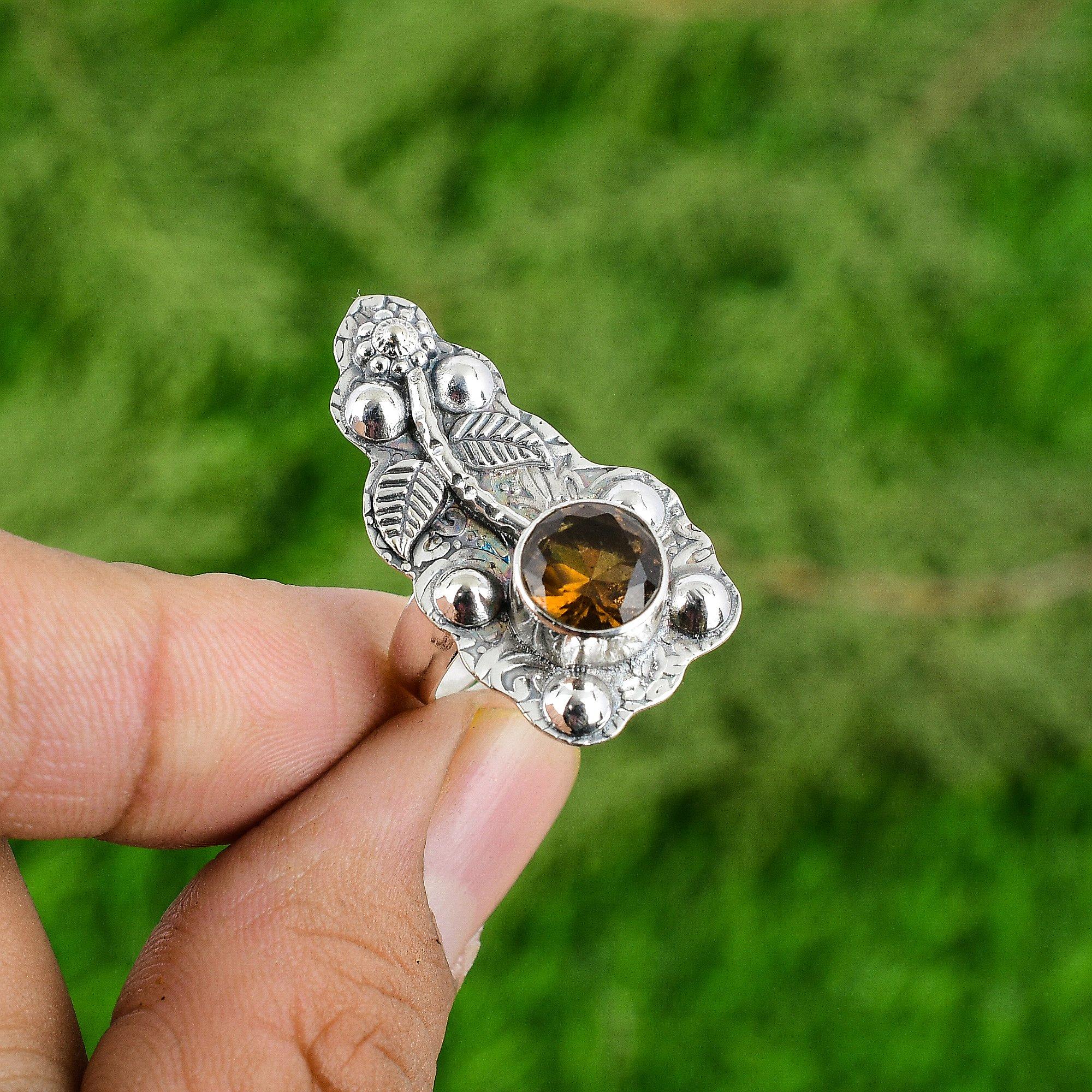 

Natural Citrine November Statement Elegant Flower Daughter Ring Sterling Silver Adjustable