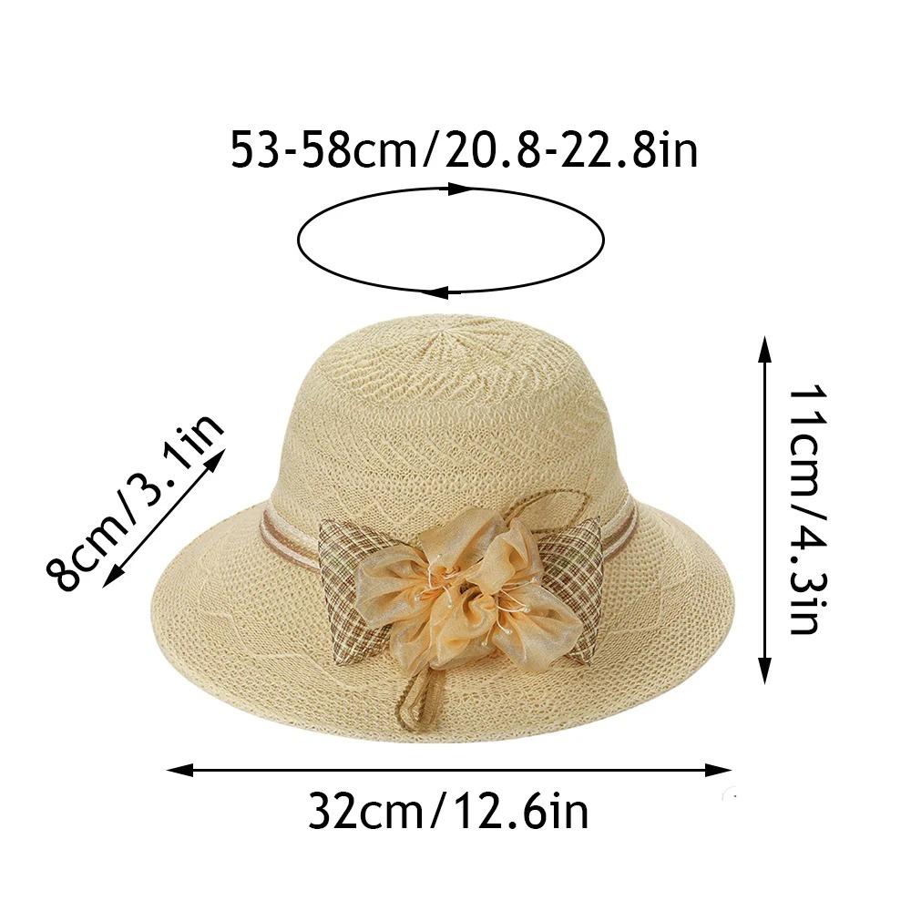 Women Fashion Wide Brim Straw Hat Bow Flowers Foldable Sunscreen Beach Hat Sun Protection Leisure Bucket Hat Women