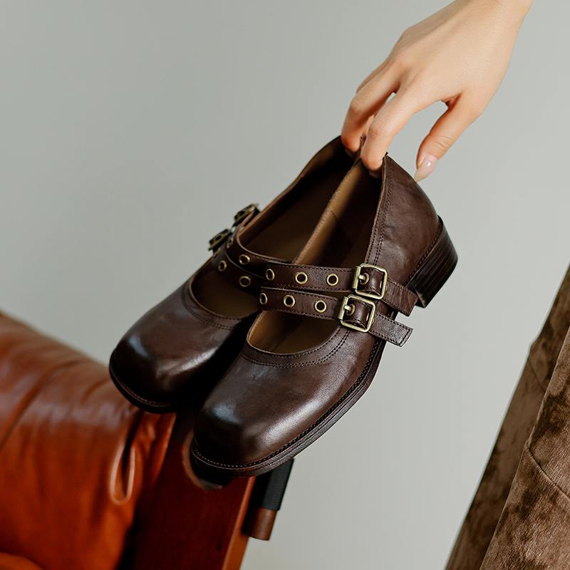 Krazing Pot Cow Skin Spring Summer Size 40 Loafers Thick Med Heels Metal Buckle Women Round Toe Leisure Pumps