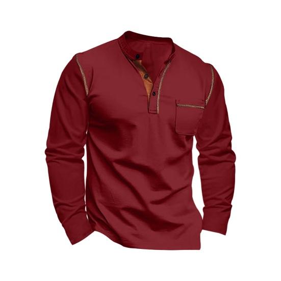 Sommer Herrenhemd Stehkragen Lange Ärmel Patchwork Brusttasche Farblich passend Resort Wear Urlaub Strand