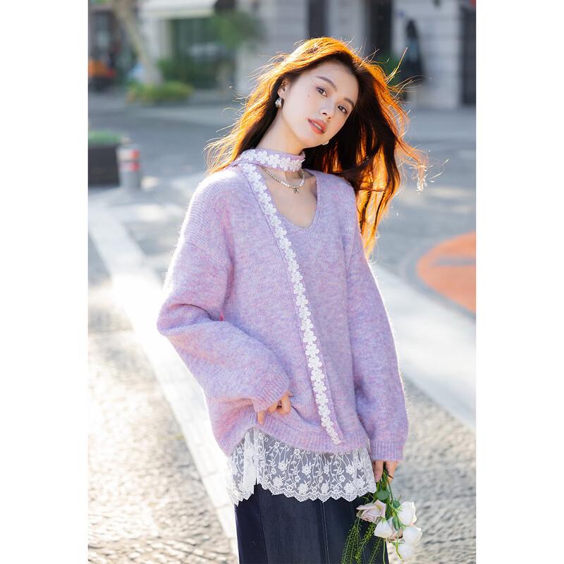 Mokana Autumn/Winter Tie-Neck Lace Panel Knit Sweater
