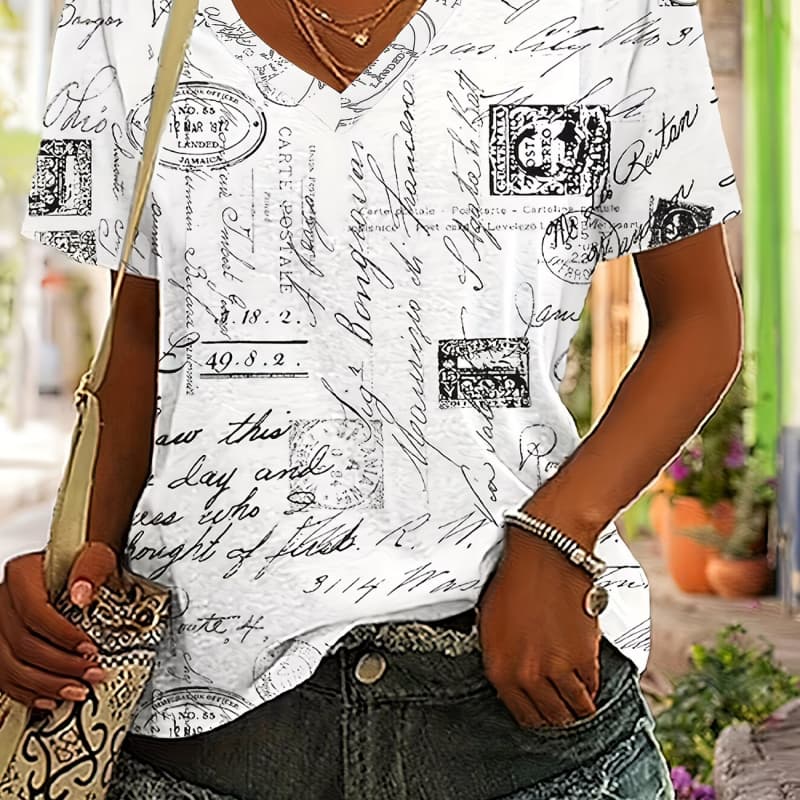 

Flower and leaf print V-neck women s short-sleeved T-shirt 5XL