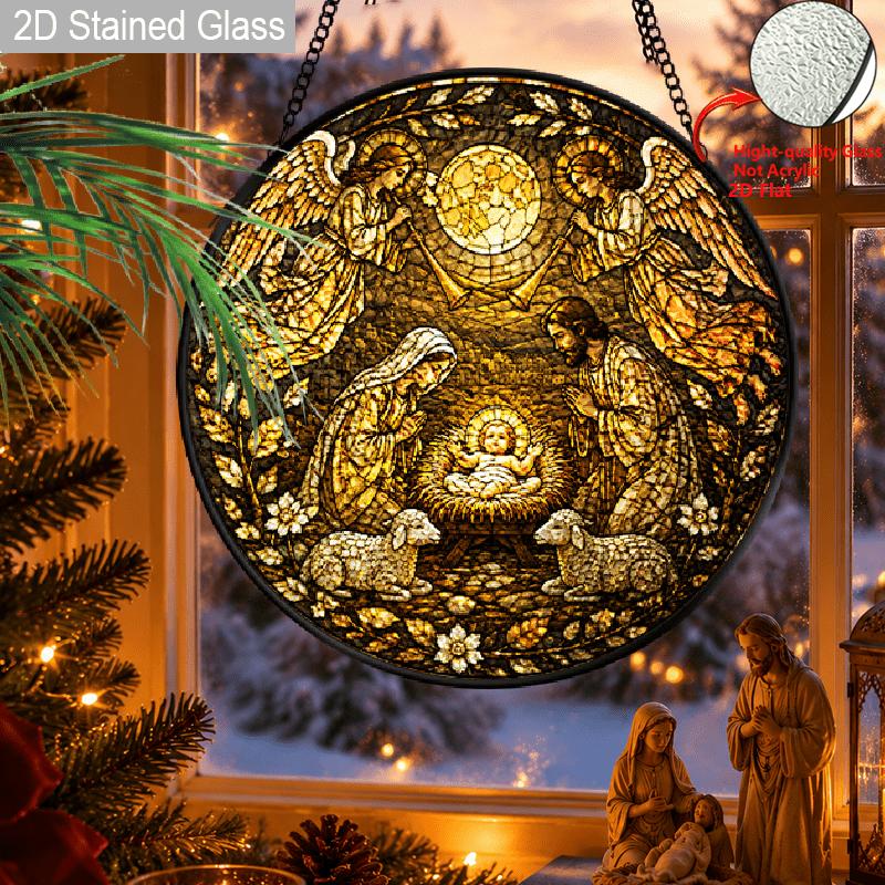1pc 2D Flat Religious Stained Glass Suncatcher, 6.3/7.87 Inch Nativity Scene Glass Hanging Ornament, Religious Christmas Decor, Angelic Stained Glass