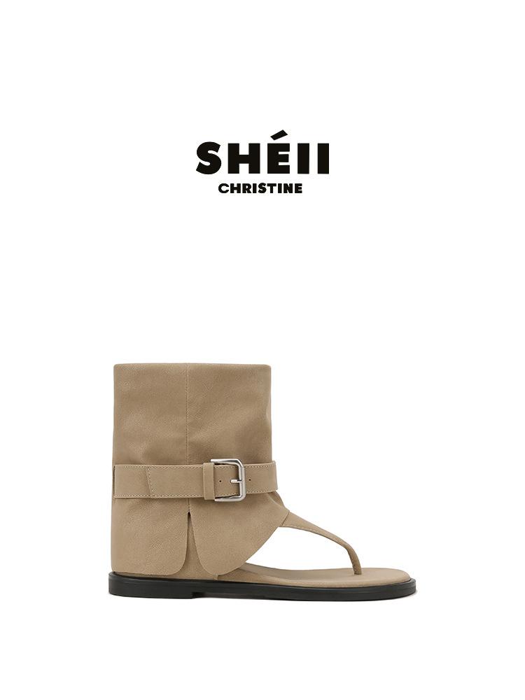 Su Yinyin Has the Same Retro Round Head Versatile Buckle with Toes, Western Cool Boots, Female Fashionable Spice Girl Style Flat-bottomed Short Boots.