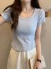 Irregular u-neck short-sleeved t-shirt women's new Korean version slim-fitting high-waisted and thin short student solid-color top trendy