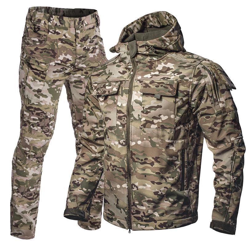 Men's Winter Fleece-Lined Softshell Jacket and Pants Set for Outdoor Activities