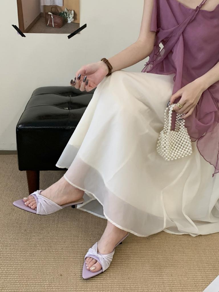 Fashion Elegant Pointed Toe Pleated Design Slippers Women Sexy Open Toe Kitten Heel Slide Sandals Summer Fashion Shallow Beach Sandals