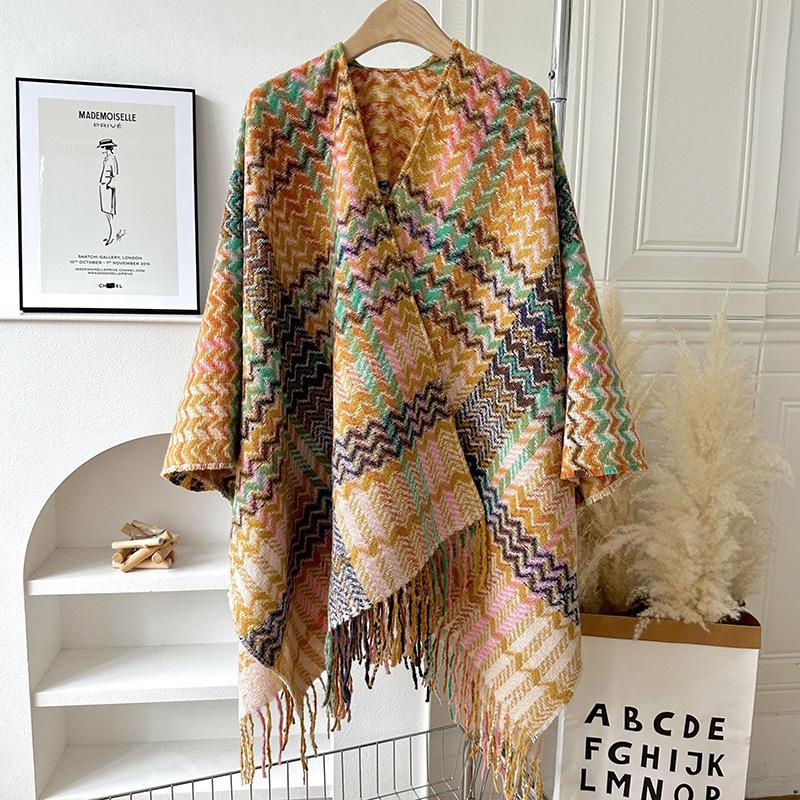Knit Shawl Wrap for Women, Ladies Knitted Kimono with Fringe for Fall Winter, blanket shawl
