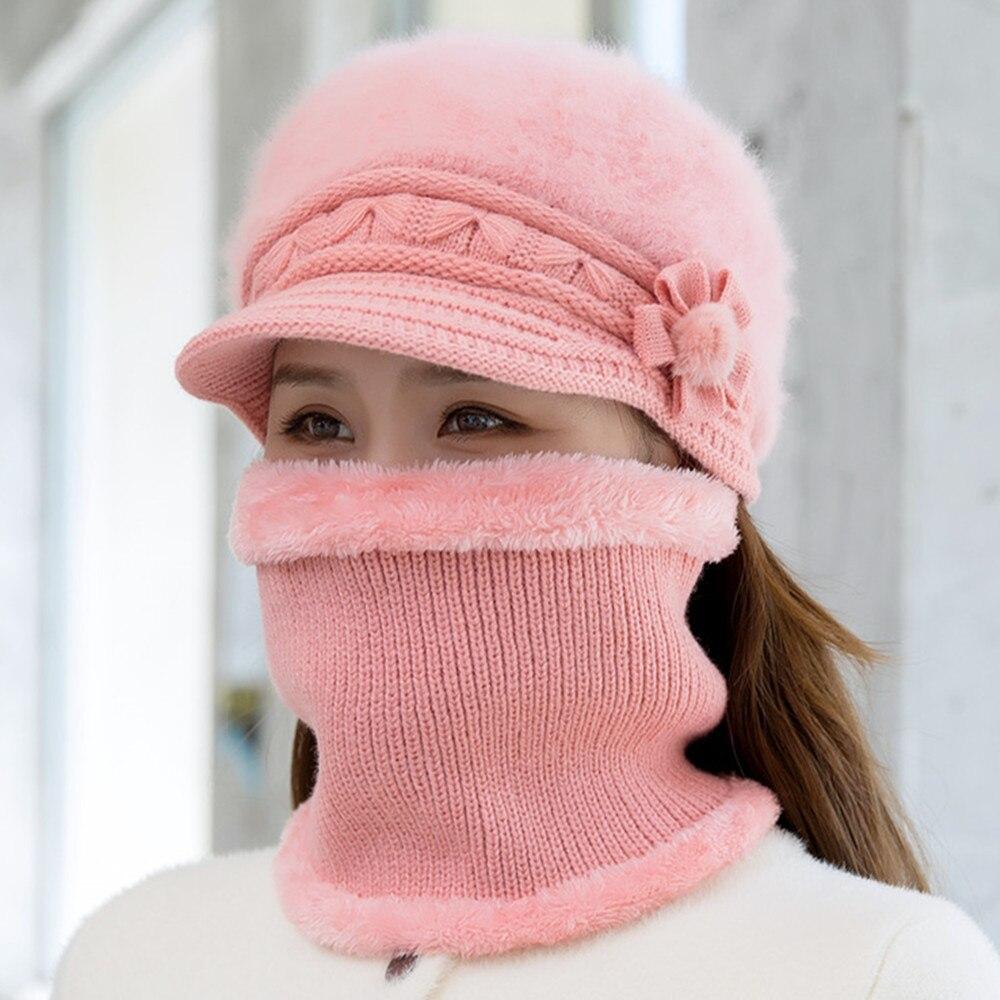 

Новая женская зимняя шапка, сохраняющая тепло, шапка с меховой подкладкой и комплект шарфа, теплые шапки для женщин, повседневная зимняя вязаная шапка с кроличьим мехом 55cm-58cm светло-розовый