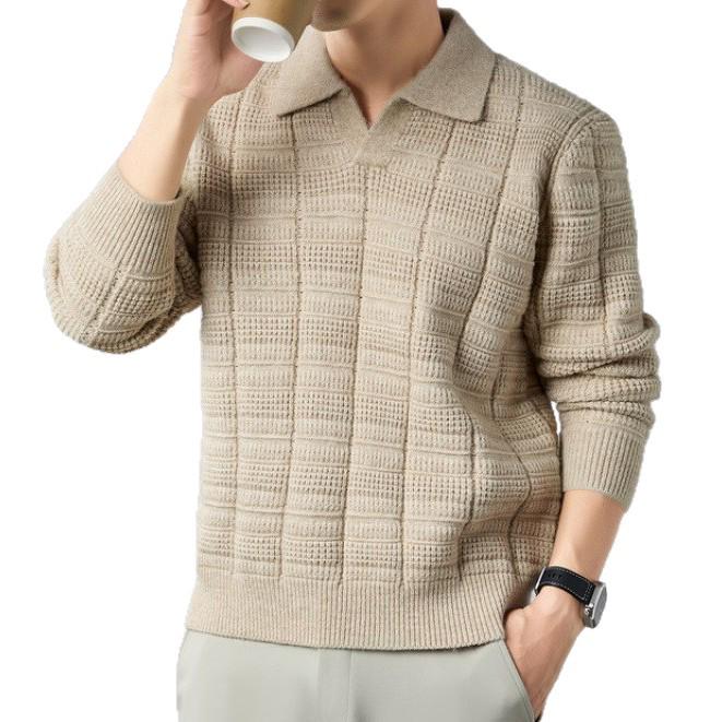 Męski modny sweter z długim rękawem i kołnierzem typu kent - Wiosna i Jesień