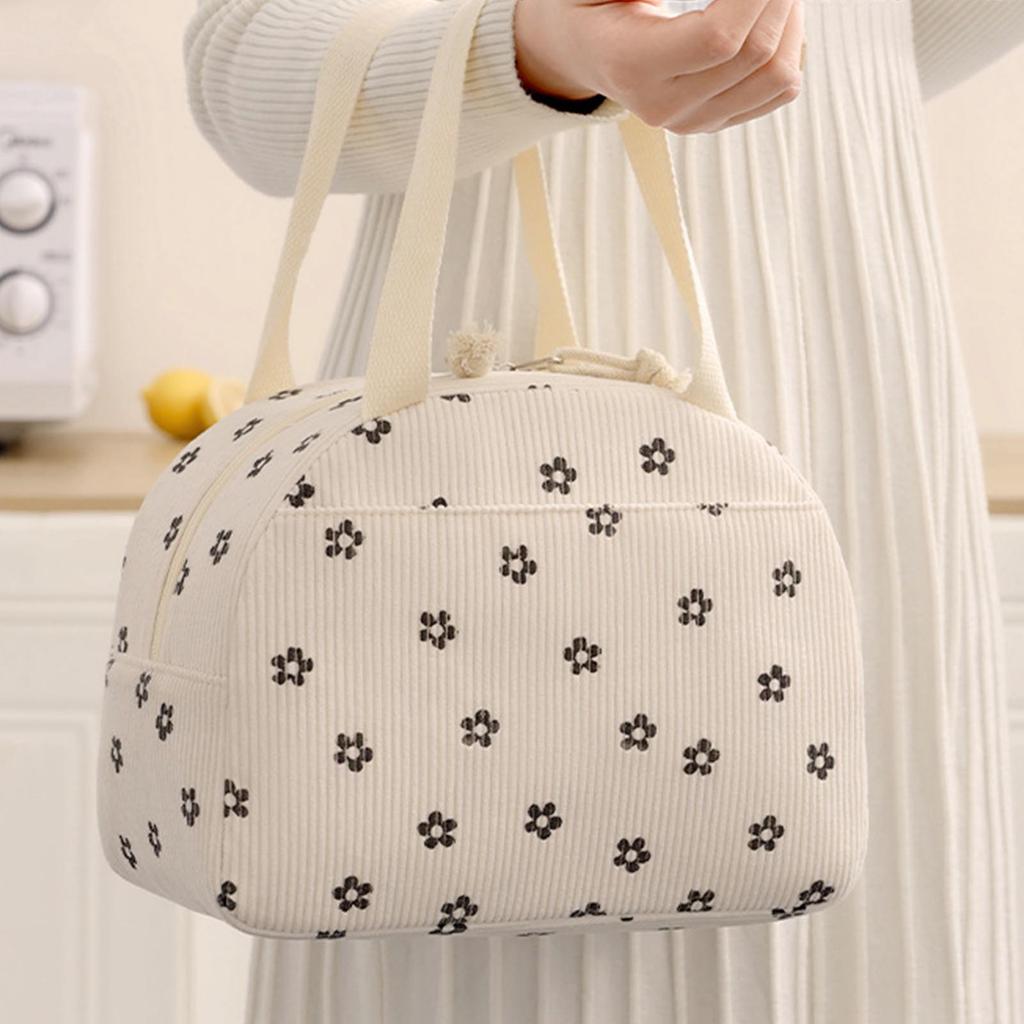 Portable Insulated Lunch Bag with Corduroy Material and Lovely Floral Printing Suitable for Kids Child School Snacks
