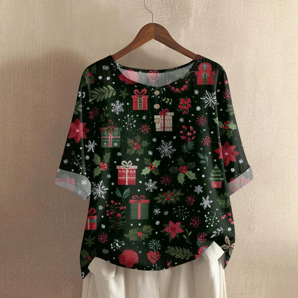 Women's Fashionable And Casual Shirt Half-sleeve Round Neck Print Cotton And Linen Blouse Top