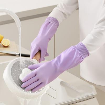 Waterproof Dishwashing Gloves Warm Fleece Tear-resistant Laundry Gloves Threaded Sleeve Cuff Thickened Cleaning Gloves