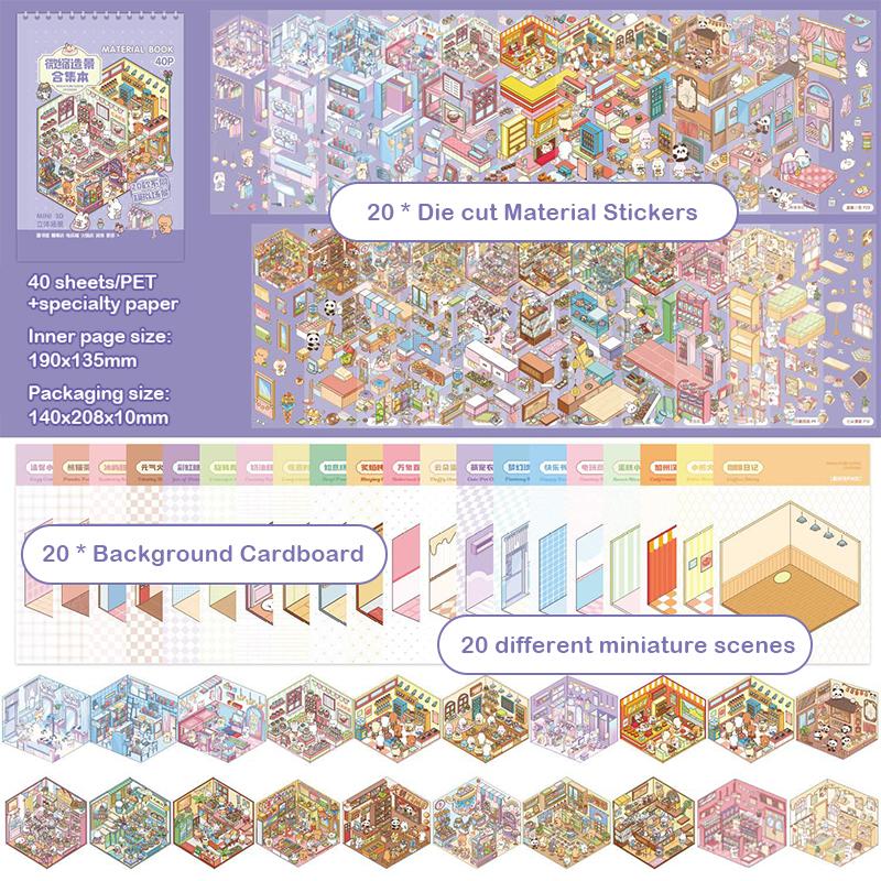40Pcs 3D Diorama Sticker Book Quiet Book Crafts With Miniature House Scenes 3D Visual Journal Scene Stickers Diy Toy Stickers