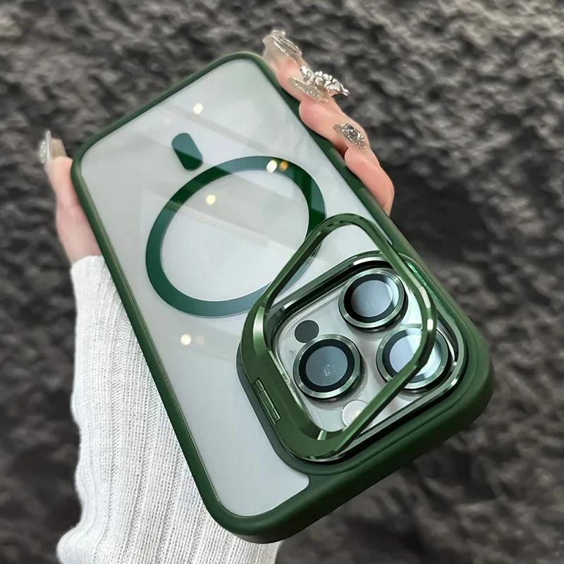 Luxury Magnetic Shockproof Case For iPhone 16 15 14 Plus 13 12 11 Pro Max For Magsafe Funda Stand Glass Lens Protecte Back Cover