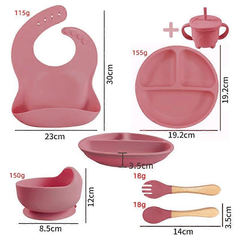 Dww-Set of 6 Green Flat Plates, Silicone Baby Food Supplements, Flat Plates, Bowl, Fork, Spoon, Bib, Suction Cup, Split Design