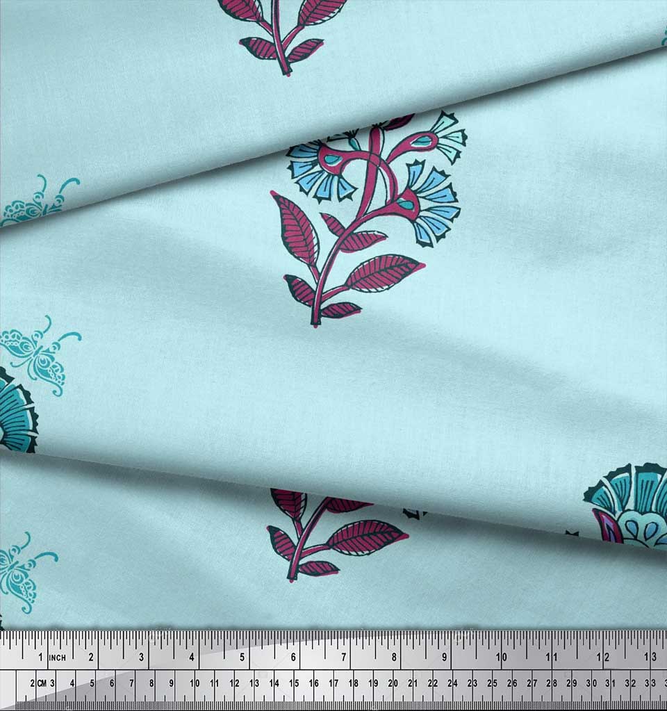Soimoi Blue Japan Crepe Satin Fabric Insect|Leaves & Floral Block Print Fabric by Yard 42 Inch