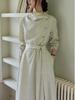 Two Sheep Twilight Linen Long Sleeve Dress: Women's Draped Waist Apricot Cotton