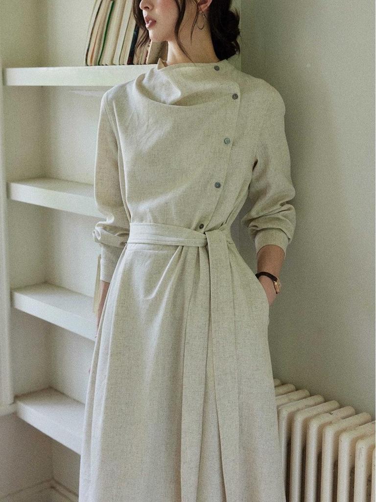 Two Sheep Twilight Linen Long Sleeve Dress: Women's Draped Waist Apricot Cotton