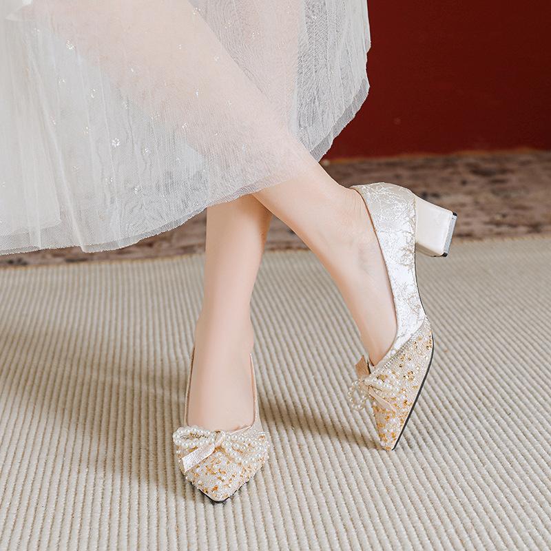 Chaussures Femme Escarpins de Luxe Belle Chaîne de Perles Nœud Chaussures à Talons Hauts Chaussures de Fête pour Fille