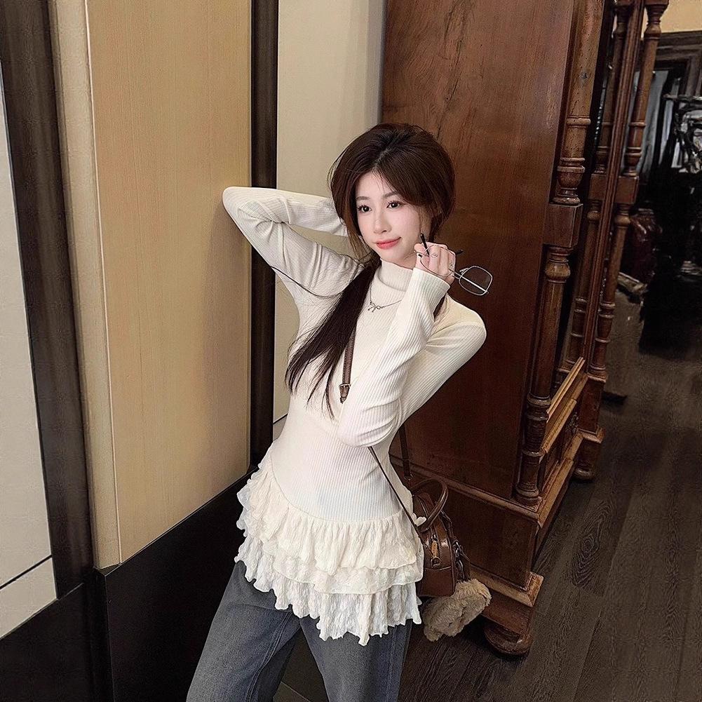 Semi-turtleneck Fungus Edge Lace Bottoming Shirt Women's Top Autumn and Winter New Polished Fleece Long Inner Sleeve Chic Hem