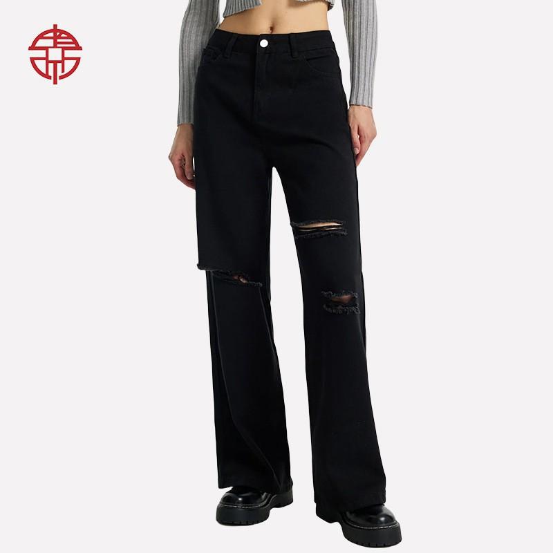 

Denim Women s Loose Wide-leg Pants High Waist Torn Jeans L чорний