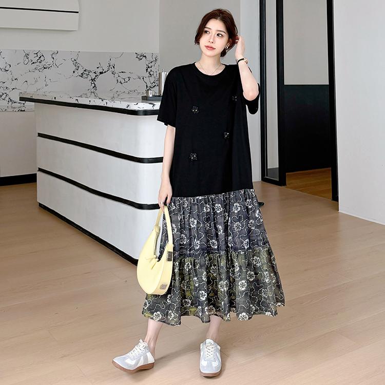 DIMANAF 2026 Plus Size New Dress Summer Women Beach Shirt Dress Black Floral Loose Casual Long Dresses O-Neck