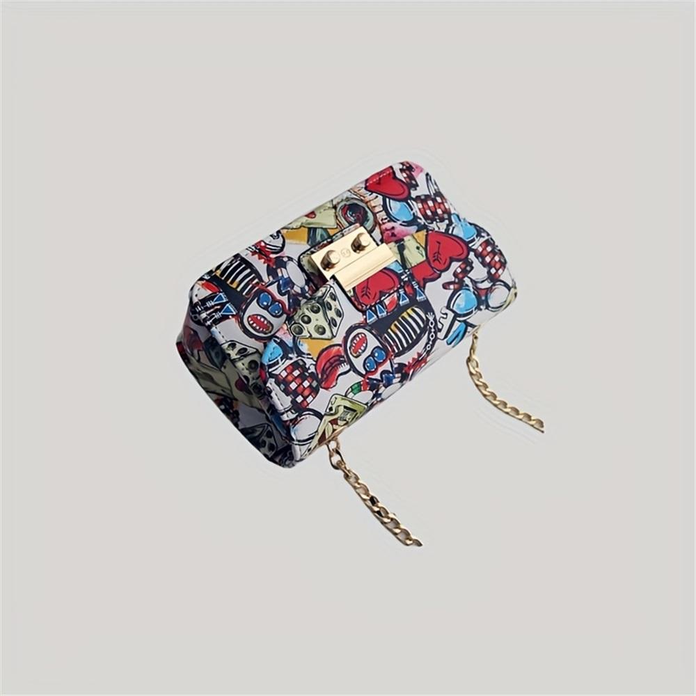 [Geometric Crossbody Bag] Vibrant Red/Black Women's Crossbody Bag - Geometric Pattern with LOVE Design, Chain Strap, Flap Closure, Crossbody Purse