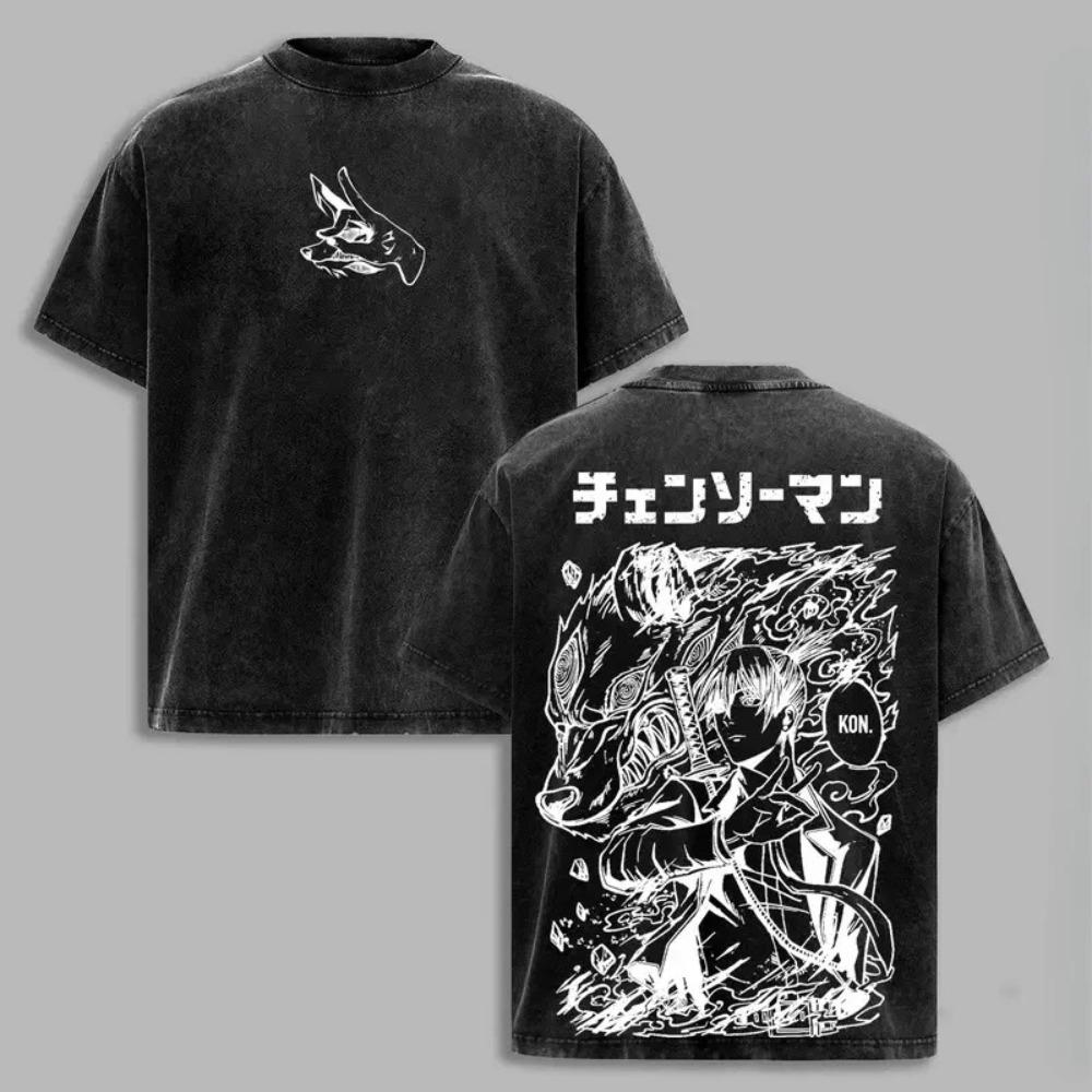 Chainsaw Man Reze (Bomb Devil) Black & White Line Art Vintage Washed Anime T-Shirt, Unisex Manga Fan Streetwear Tee, 100% Cotton Casual Short Sleeve