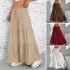 Women Long Skirt Spring Summer Middle Waist A Line Flowy Swing Skirt Breathable Solid Color Elastic Waist Drawstring Pleated Casual Skirt