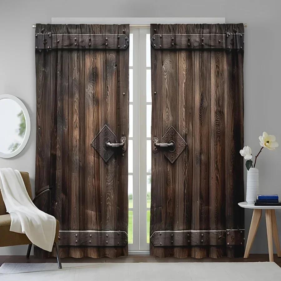 3D 2pcs Light Colour Wooden Door Printed Curtain For Home Decor Rod Pocket Window Treatment For Bedroom,Office,Kitchen,Living Ro