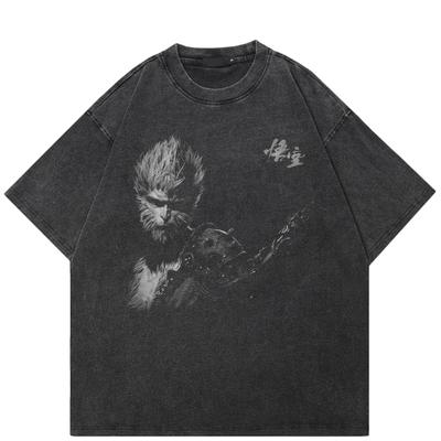 Hot Streetwear BLACK MYTH WUKONG Graphic Washed Black T-Shirt Cotton Unisex Tops Tees Short Sleeves T Shirt