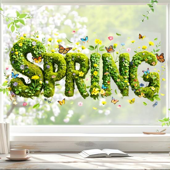 Spring Window Cling Double-Sided Butterfly Letter Sticker Waterproof PVC Static Glass Colorful Flower Holiday Party Window
