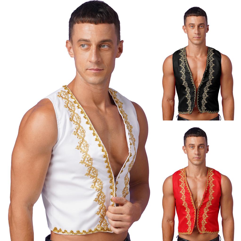 Mens Steampunk Victorian Vest Gold Trims Embroidery Open Front Design Medieval Gothic Waistcoat Arabian Costume