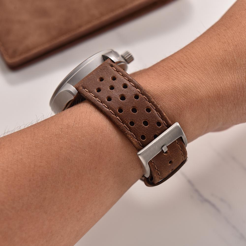 Perforated Breathable Handmade Leather Rally WatchBand 18mm 20mm 22mm Quick Release Watch Strap Black Brown Khaki Wristband Belt