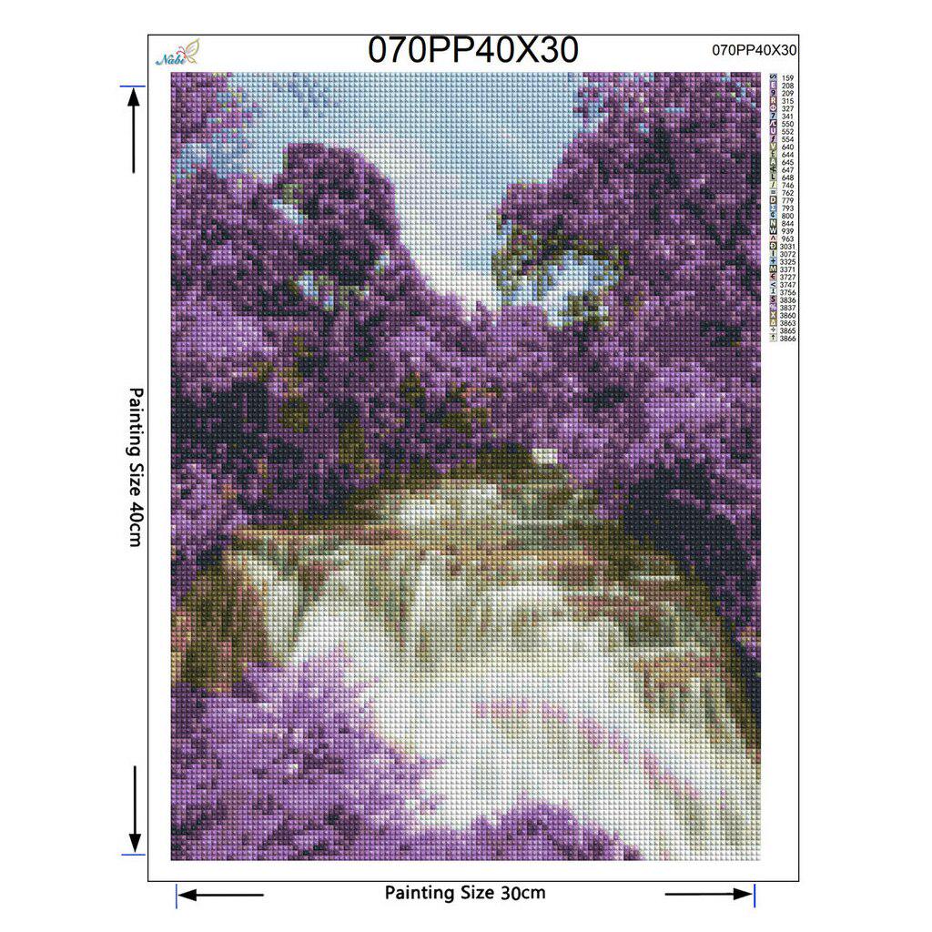 Diamond Painting Cross Stitch Bead Pattern Embroidery Landscape Waterfall Handmade Purple Tree