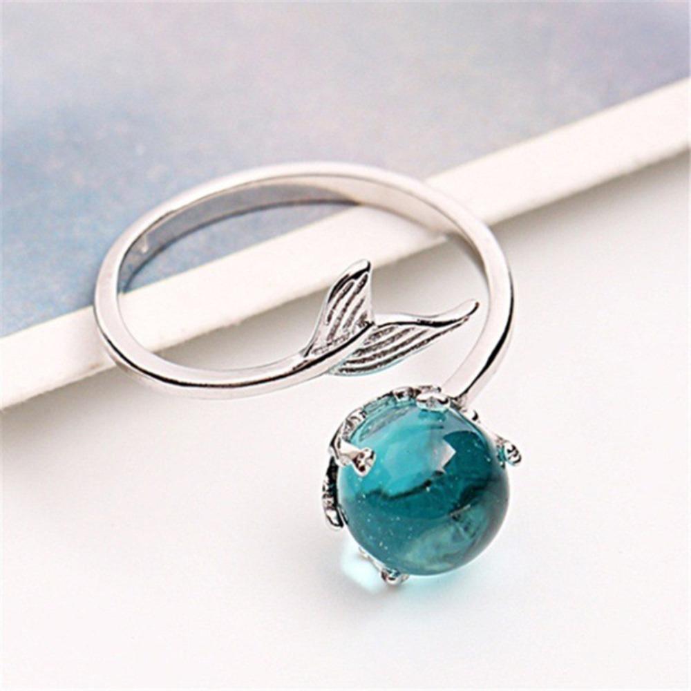 Open Ring Silver Plated Blue Crystal Mermaid Tail Adjustable Stylish Jewelry for Women