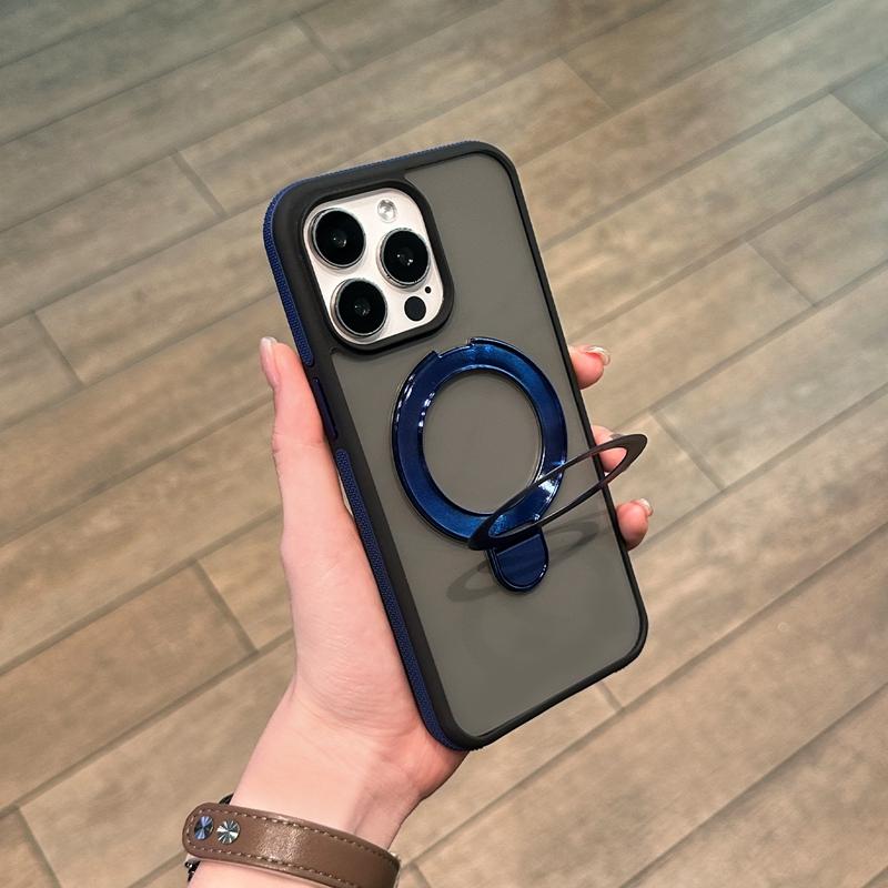 Luxury Color Blocking Ring Rotate Stand Magsafe Case For iPhone 16 15 14 Plus 13 12 11 pro Max Frosted Matte Magnetic Hold Cover