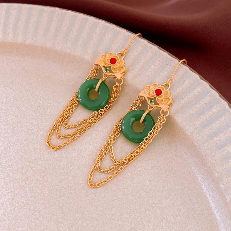 Real Gold Plated Hanfu Style Jade Imitation Geometric Tassel Earrings for Women