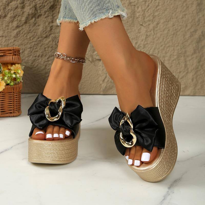 Personality Slippers, Women's Wedge Heel Bow Summer Slippers, Comfortable and Elegant, Thick-soled Women's Shoes, Large Size