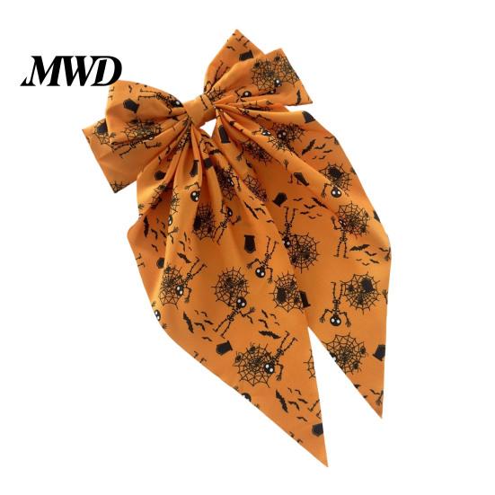 Skull Hairpin Accessory Halloween Bow Spring Hair Clips for Women, Pumpkin Skeleton Ghost Hand Printed Holiday Party Clip Fabric Barrettes,
