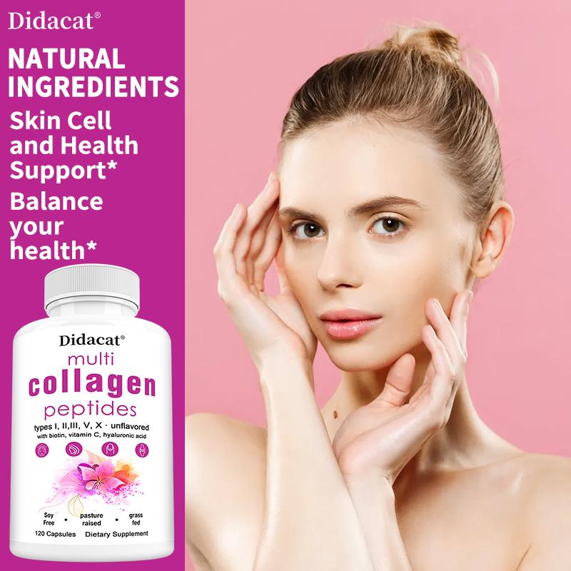 Didacat Multi Collagen Peptides with Biotin & Vitamin C, 120 Capsules Grass Fed Hydrolyzed Supplement